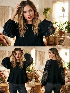 Free People XS Black Penny Peplum Embroidered Sleeve Top Boho